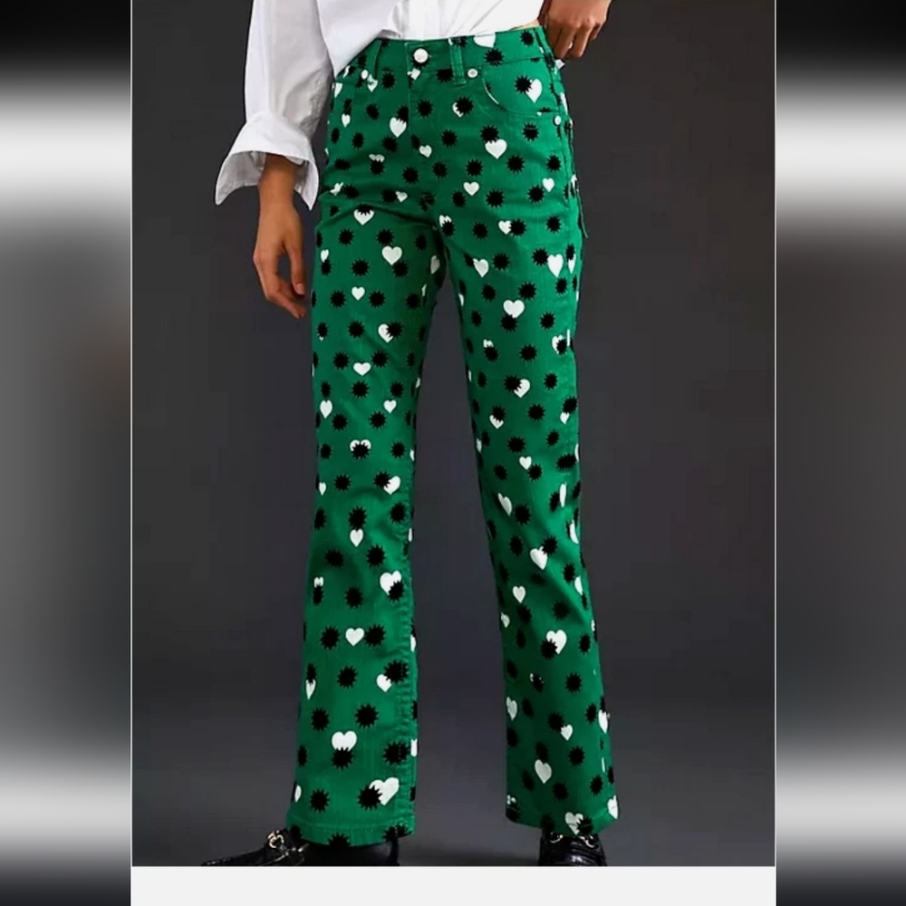Anthropologie Green Heart & Daisy Print Ankle Pants